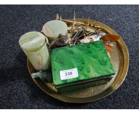 An Indian brass tray together with malachite style box, miniature grinder, ornaments etc 