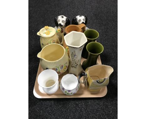 A tray of English Gardenia floral tea pot and jug, Art Deco jug, Coalport vase, Queen's china sugar basin, pair of Staffordsh