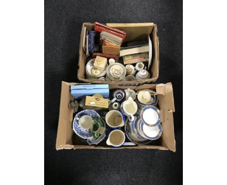 Two boxes of blue and white china, boxed Wedgwood plates, eggshell tea service, commemorative ware, books including mid twent