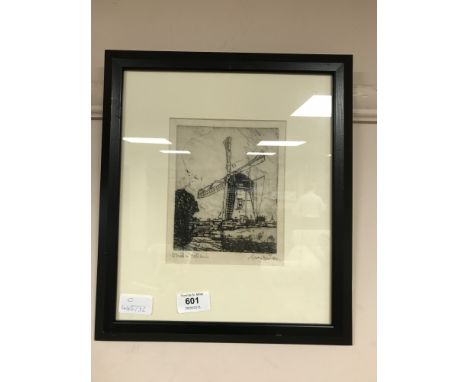 George Horton : Windmill in Holland, etching, 14 cm x 17 cm, signed in pencil, framed. 
