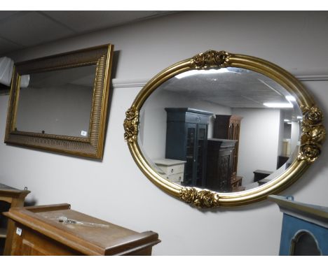 A contemporary gilt framed overmantel together with gilt framed bevelled edge mirror
