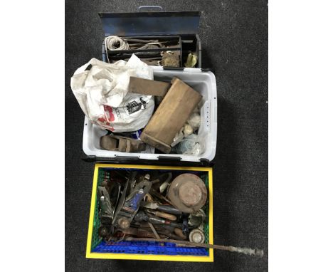 Two plastic crates containing hand tools, Stanley planes, Tilley lamp together with metal concertina tool box