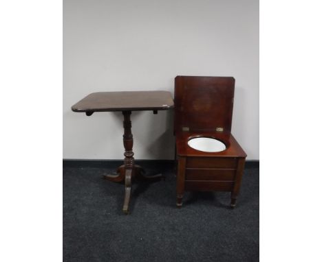 A Victorian mahogany tilt top pedestal table together with a mahogany commode