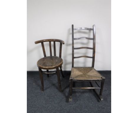 An Edwardian oak ladder backed rocking chair together with a bentwood chair
