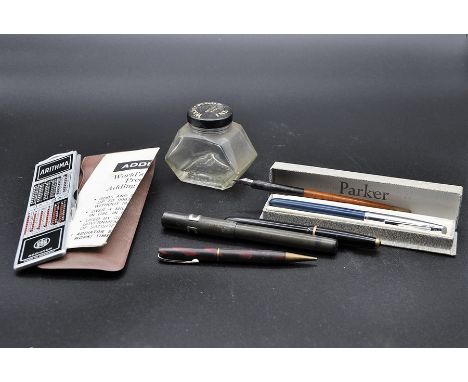 Collection of pens to incl Parker plus vintage Watermans ink bottle and arithma addiator