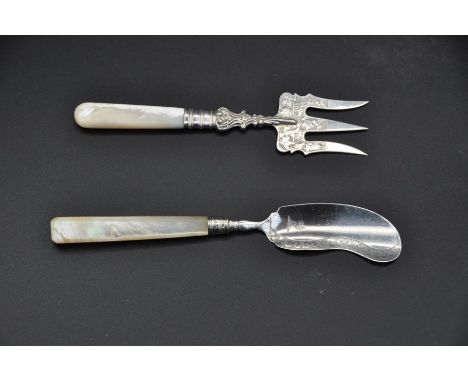 English sterling silver and mother of pearl serving fork and knife, knife is Birmingham 1808 (K), maker Matthew Linwood (ML) 