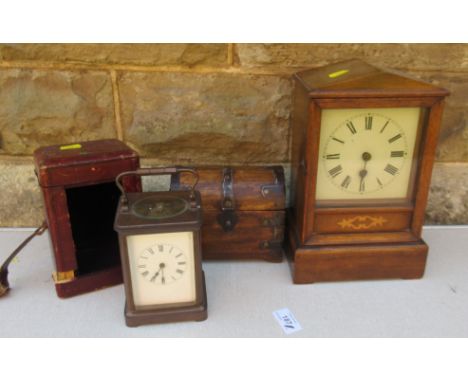 An Edwardian wooden cased mantel clock, together with a carriage clock and a wooden box&nbsp;
