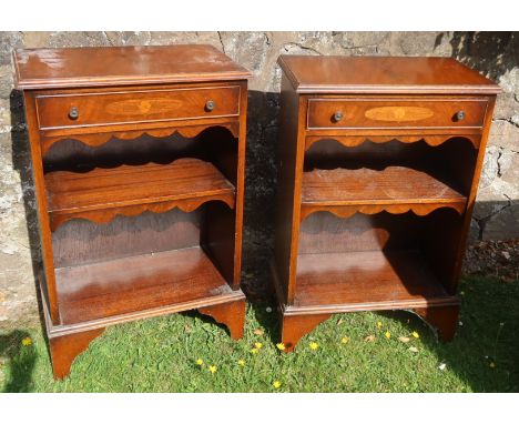 A pair of mahogany and inlaid cabinets, fitted with a drawer over a shelf, on bracket feet, 20.5ins x 12ins, height 31.5ins
