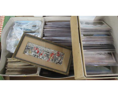 A collection of assorted vintage and later postcards together with a Stevengraph&nbsp;