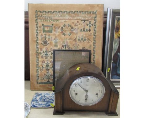 A Smiths mantel clock, together with a Delft tile and two tapestry samplers, dated 1808 and 1823