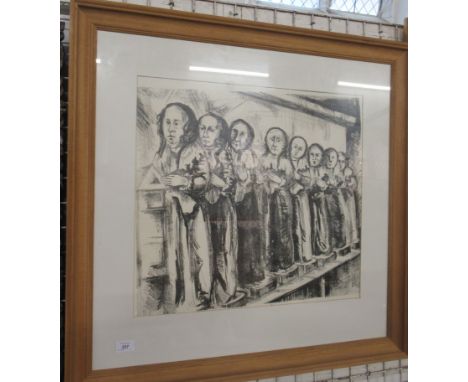 Mary Norman, Black and white etching, monks in a line, 20ins x 21ins
