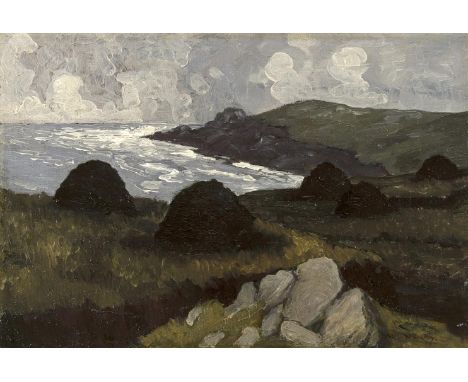 Paul Henry RHA (1877-1958)Gubellaunaun from the BogOil on panel, 26.5 x 39.2cm (10½ x 15½'')SignedOld printed fragment from a