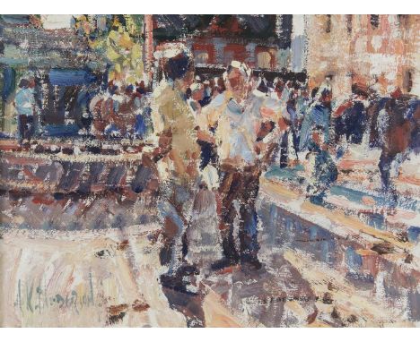 Arthur Maderson (b.1942)Figures against Evening Light (Tallow Horse Fair)Oil on canvas laid on board, 28 x 38cm (11 x 15'')Si
