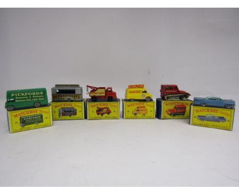 Six boxed Lesney Matchbox Series diecast vehicles to include 46 Pickfords Removal Van, 13 Wreck Truck, 35 Snow Trac, 42 "Even