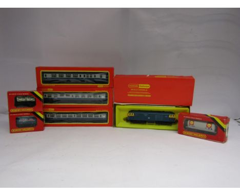 A boxed Hornby Railways 00 gauge R758 BR Hymek Diesel Hydraulic Locomotive together with boxed rolling stock comprising R020 