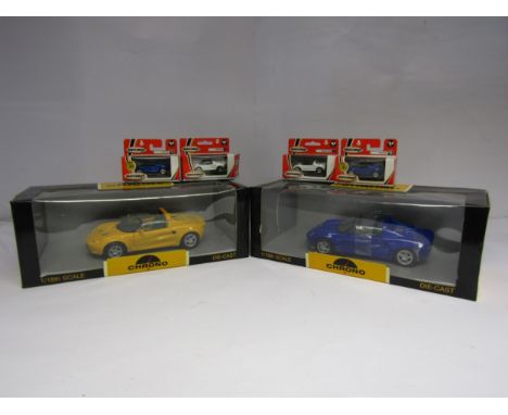 Two boxed Chrono 1:18 scale diecast Lotus Elise sports cars together with four boxed Matchbox Mattel Wheels 1:64 scale exampl