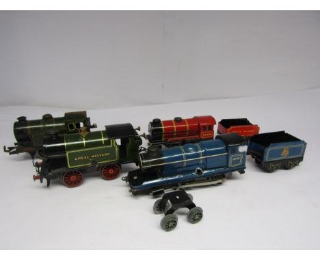 Four unboxed playworn 0 gauge clockwork tinplate locomotives to include Bing Southern Railway no.7276, Hornby Great Western n