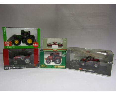 Five assorted boxed 1:32 scale diecast farm vehicles and implements comprising Universal Hobbies Country Collection 2388 McCo