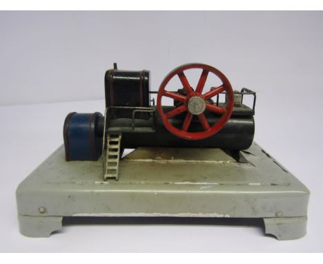 A Mavag live steam stationary engine on grey painted tinplate base 