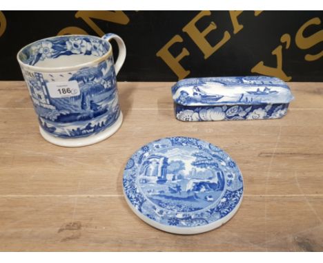 A LARGE 19TH CENTURY TRANSFER PRINTED TANKARD A RECTANGULAR LIDDED DISH AND A SPODE ITALIAN COASTER