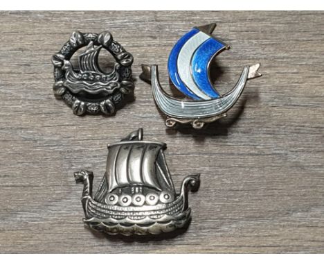 3 SILVER VIKING VINTAGE BROOCHES 2 MARKED 830S 1 STERLING SILVER ENAMEL ANKEL HOLMSEN NORWAY