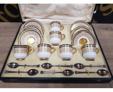 ROYAL WORCESTER  COFFEE SET WITH ENAMEL AND GILT DECORATION NO 9845 AND SILVER SPOONS IN FITTED CASE