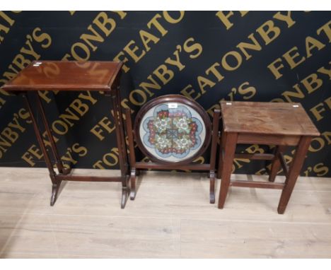 A CONVERTED MAHOGANY TOILET MIRROR WITH BEAD WORK TAPESTRY TO CENTRE AN OAK STOOL AND A SINGLE NEST TABLE