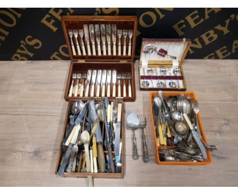 WALKER AND HALL CANTEEN OF FISH KNIVES AND FORKS TOGETHER WITH MISCELLANEOUS SILVER PLATED FLATWARE AND SILVER LOADED HANDLED