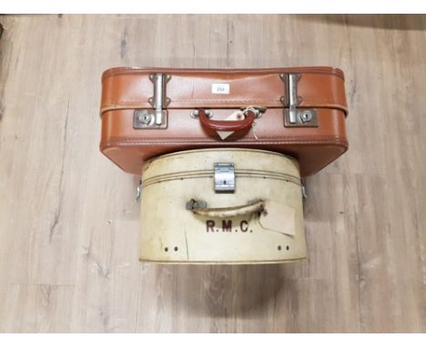 A VINTAGE PIG SKIN COVERED HAT BOX INITIAL RMC (NO KEY) TOGETHER WITH A SUITCASE BY CHENEY