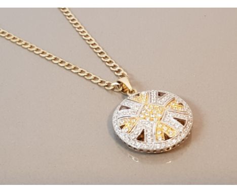 18CT GOLD WHITE STONE SET WHEEL STYLE PENDANT WITH CURB CHAIN 16.1G LENGTH 50CMS