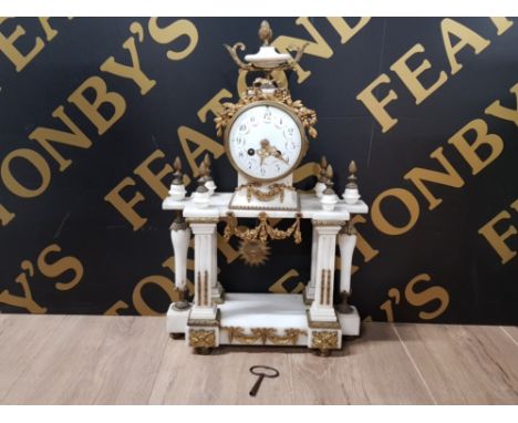 19TH CENTURY EMPIRE MARBLE AND ORMOLU MANTLE CLOCK BY H AND P B WITH ARABIC ENAMEL DIAL NUMBERED 526 50CM HIGH WITH KEY AND P