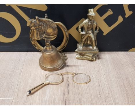 3 BRASS ITEMS TO INCLUDE LORGNETTE  WALL HANGING BRASS HORSE BELL AND A FIGURE OF DAVID COPPERFIELD