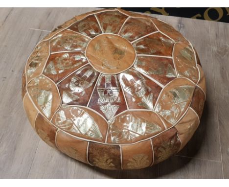 20TH CENTURY LEATHER POUFFE WITH EGYPTIAN PHARAOH DESIGN