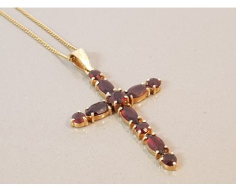 GOLD 18CT GARNET SET CROSS PENDANT WITH 18CT GOLD CHAIN 8G SIZE 5CMS