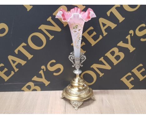 VICTORIAN BRASS AND PLATED SPILL VASE WITH ENAMEL FLORAL DECORATION TO FLUTE - NICE TABLE CENTRE PIECE