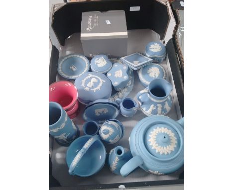 A collection of pottery to include Dudson, Wedgwood jasperware to include teapots, vases, trinket boxes, plates etc 