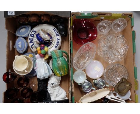 A collection of pottery and glass to include black and white whisky resin advertising piece, Lambs navy rum ashtray, Wedgwood