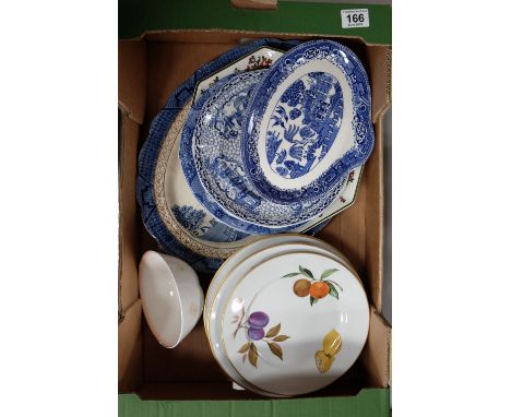 A collection of blue and white pottery to include servers, plates, side plates together with Royal Worcester Evesham plates, 