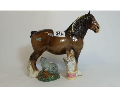 A collection of Beswick figures to include Shire Mare Brown No 818, Beneagles scotch whiskey badger and Beatrix Potter Tailor