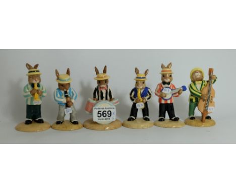 A collection of Royal Doulton Bunnykins from the Jazz Band collection to include Drummer DB250, Trumpet Player DB210, Double 