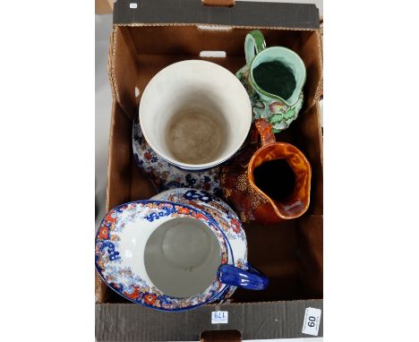 A collection of pottery to include Victorian large Jug and Tray, embossed woods treacle glazed jug, Radford Indian tree jug e
