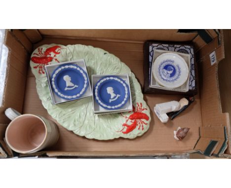 A collection of pottery to include Minton Hollins framed tile, Goebel birds, Wedgwood pin trays and large carleton ware lobst
