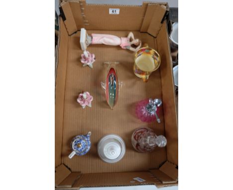 A collection of pottery & glassware items to include glass dolphin paperweight , Atomizer, mini Spode teapot, resin figure et
