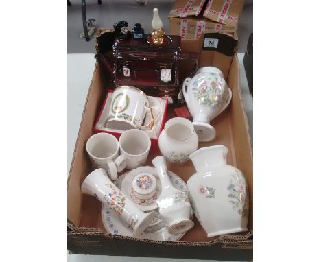 A collection of pottery to include Aynsley wild tudor vases, candlesticks, Spode commemorative cup and novelty teapot etc