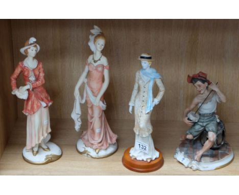 Heavy continental resin figures of ladies and a capodimonte figure of a boy playing a drum (4) 