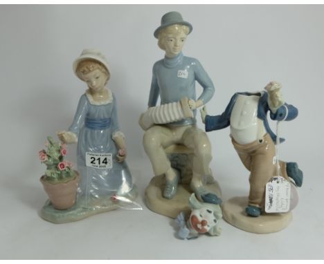 Lladro figure Girl picking roses (one rose detached and present), Spanish figure of seated Man playing accordion and Nao figu