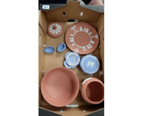 A collection of pottery to include Wedgwod Terracotta biscuit barrel, fruit bowl, plates and Wedgwoood Jasperware trinket box