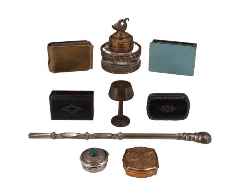 Sundry collectables including a Victorian tea straw, an Israeli white metal pill or similar box, two Victorian pewter-inlaid 