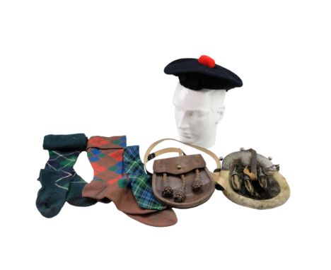 A group of vintage traditional Scottish highland dress including a badger-fur sporran with electroplate Celtic-interlace-deco