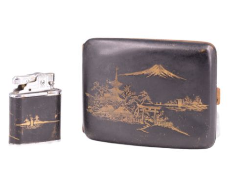A Japanese shakudo cigarette case decorated in depiction of a view to Mount Fuji, together with a conforming Bride petrol cig